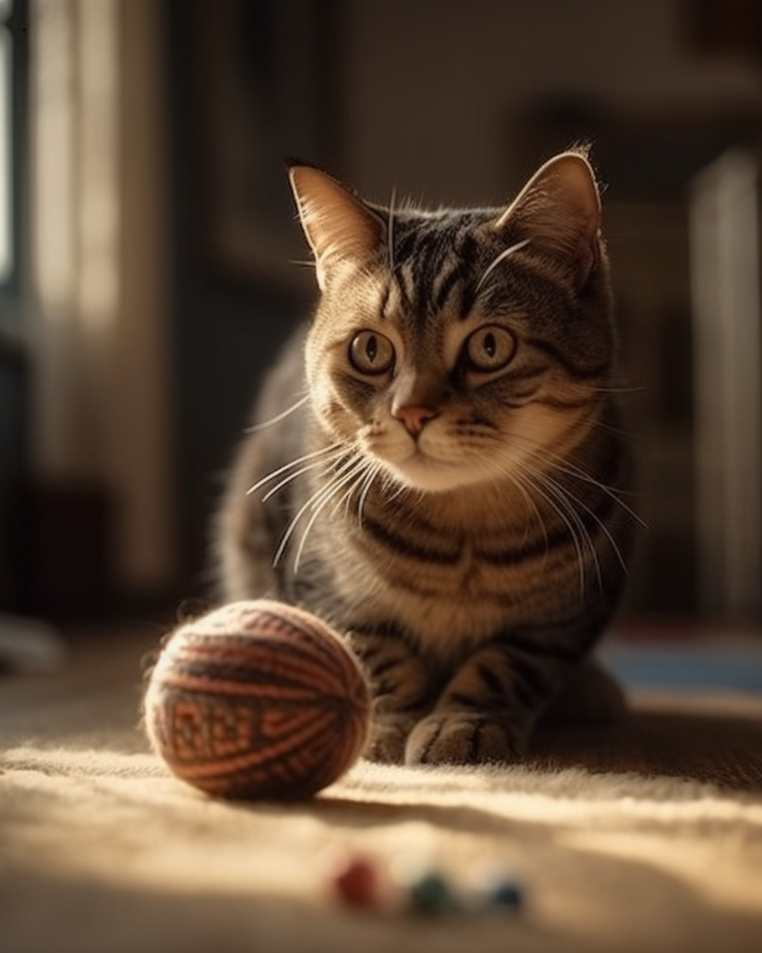 Een gestreepte kat zit binnen naast een bol wol in de warme zon.