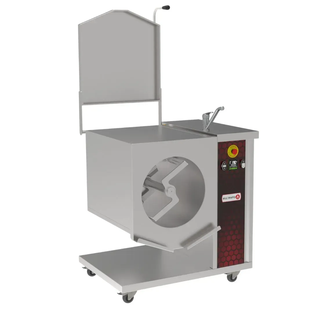 Caldeirão basculante em inox 60 litros com tampa aberta basculado vista de perfil direito.