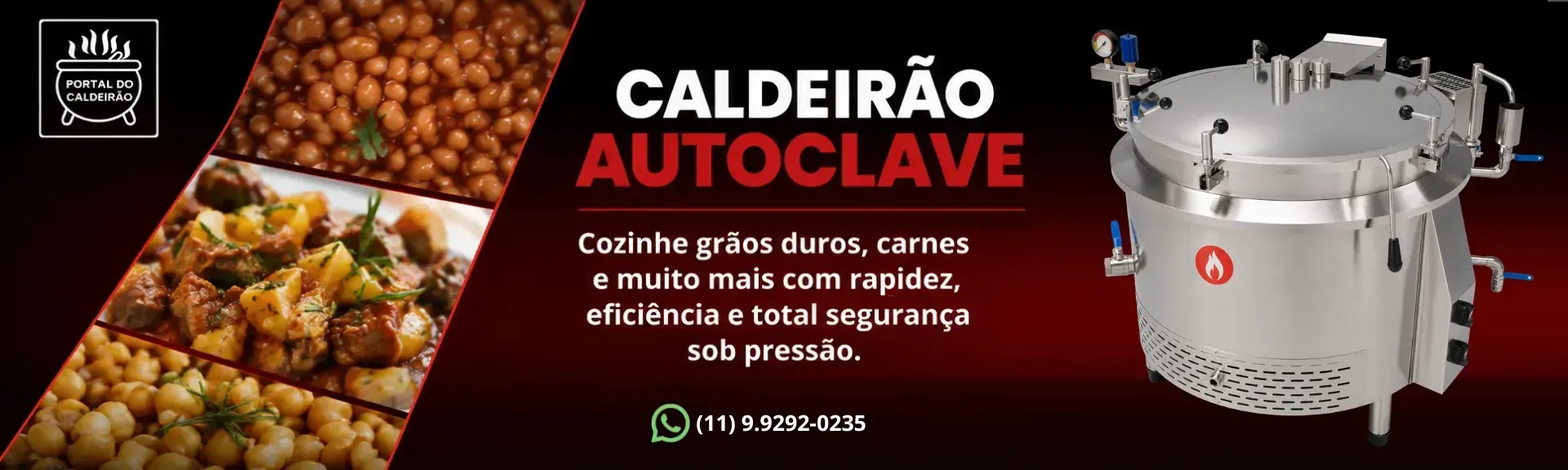 Banner publicitário de caldeirão autoclave inox, com imagens de produtos cozidos, fundo preto e vermelho