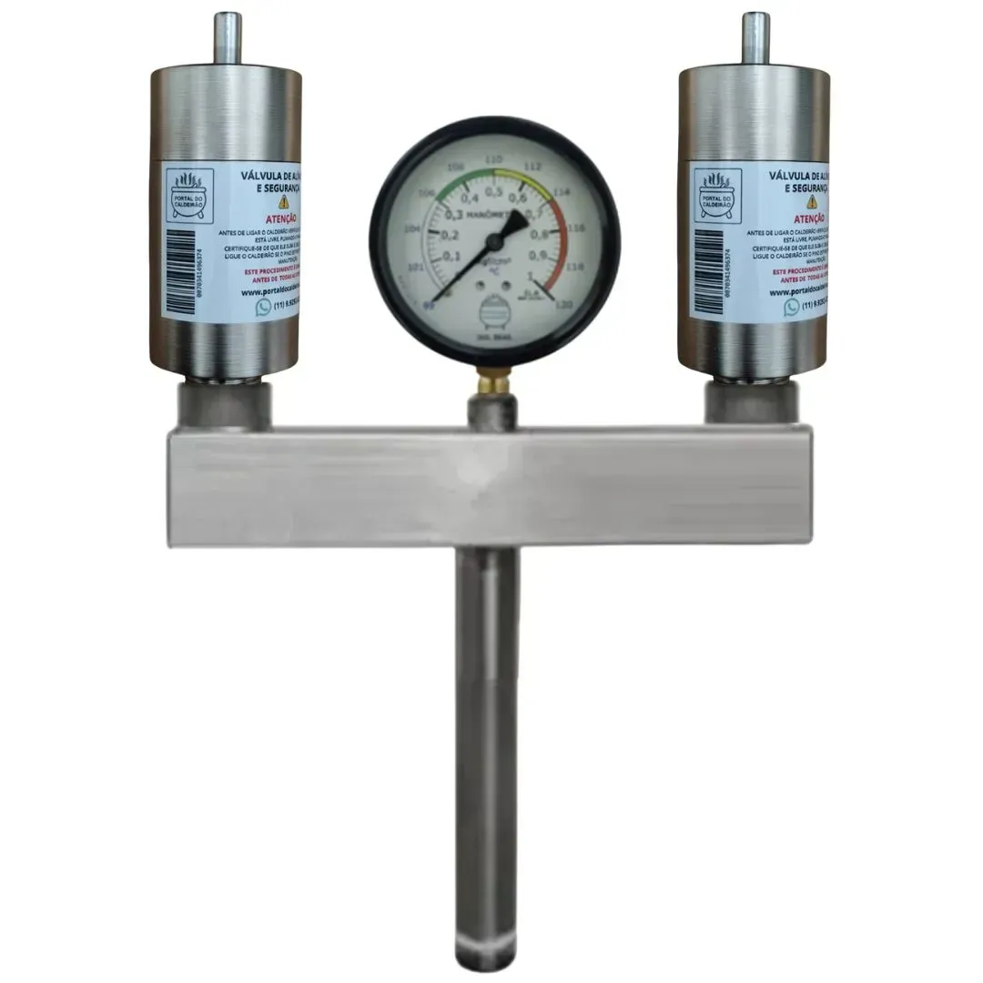 Conjunto de segurança para caldeirões industriais com duas válvulas de segurança e um manometro com suporte em aço inox