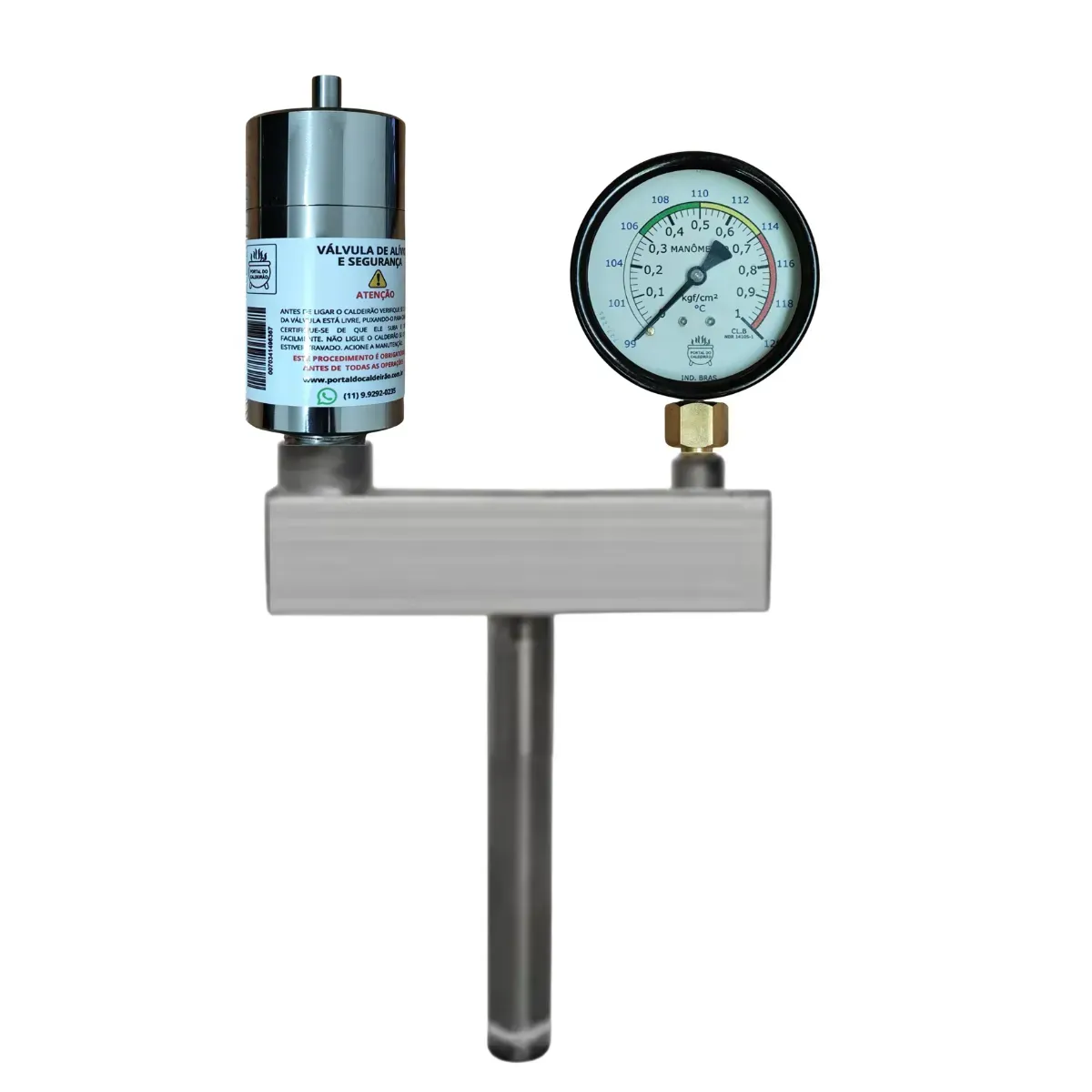 Conjunto de segurança para caldeirões industriais com uma válvula e um manometro com suporte em aço inox