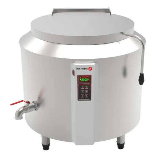 Panela de arroz  industrial com comandos elétricos e aquecimento a gás indireto em aço inox