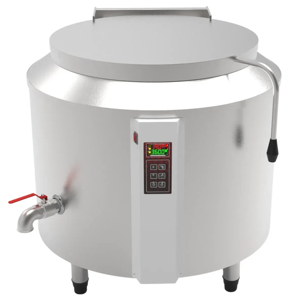 Panela de arroz industrial 500 litros em aço inox com tampa fechada vista fronta