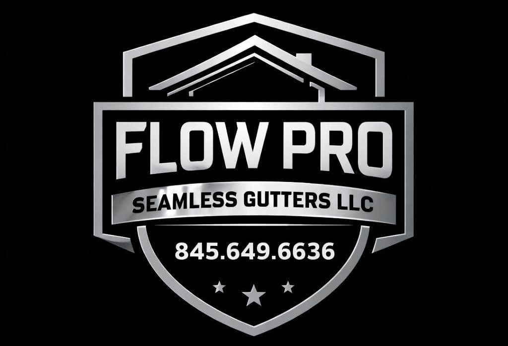 Flow Pro Seamless Gutters LLC logo in white on a black shield with phone number 845.649.6636