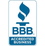 A blue and white bbb accredited business logo