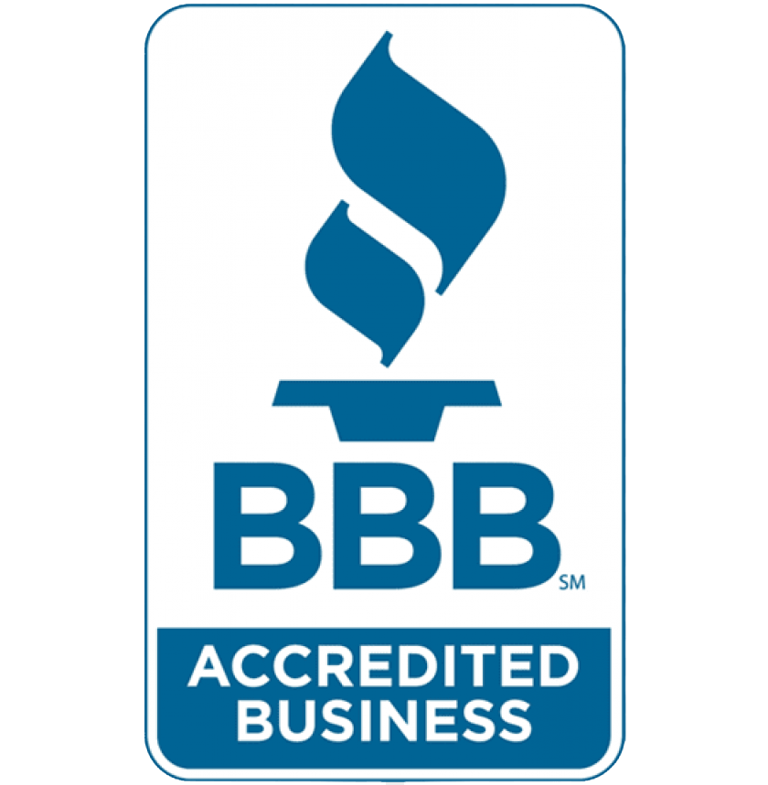 A blue and white bbb accredited business logo