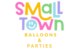 Logo for "Small Town Balloons & Parties" in colorful text, with a smiley face in the "O".