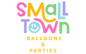 Logo for "Small Town Balloons & Parties" in colorful text, with a smiley face in the "O".