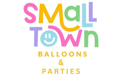 Logo for "Small Town Balloons & Parties" in colorful text, with a smiley face in the "O".