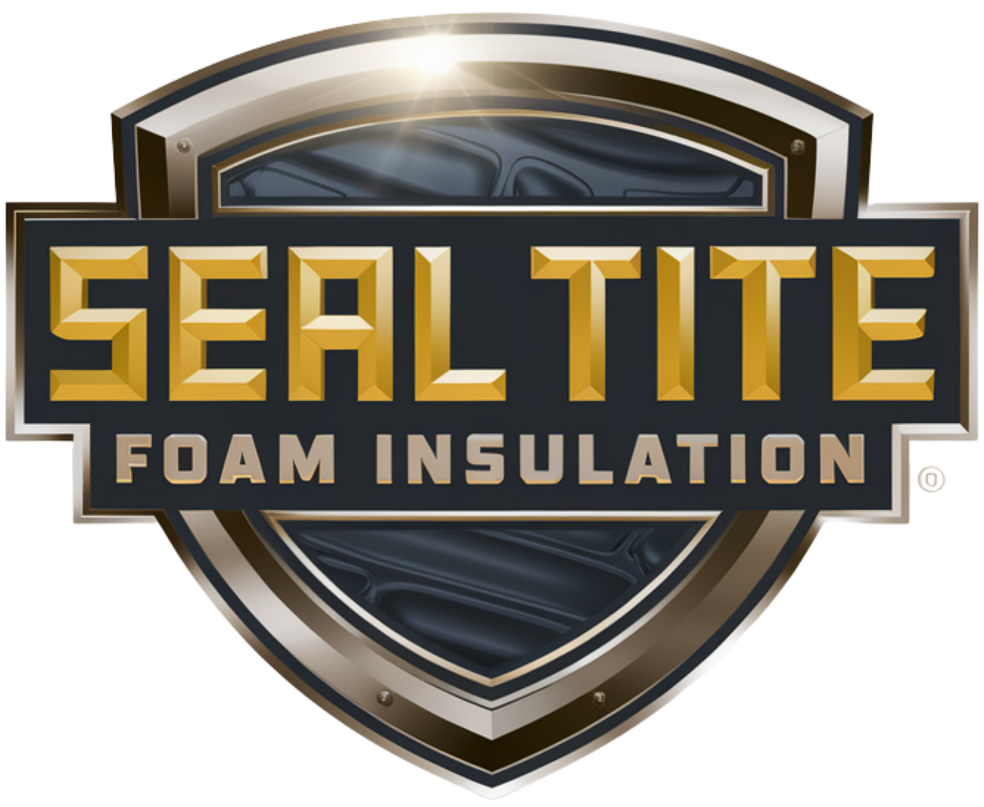 Seal Tite Foam Insulation logo on a dark shield with gold and white text