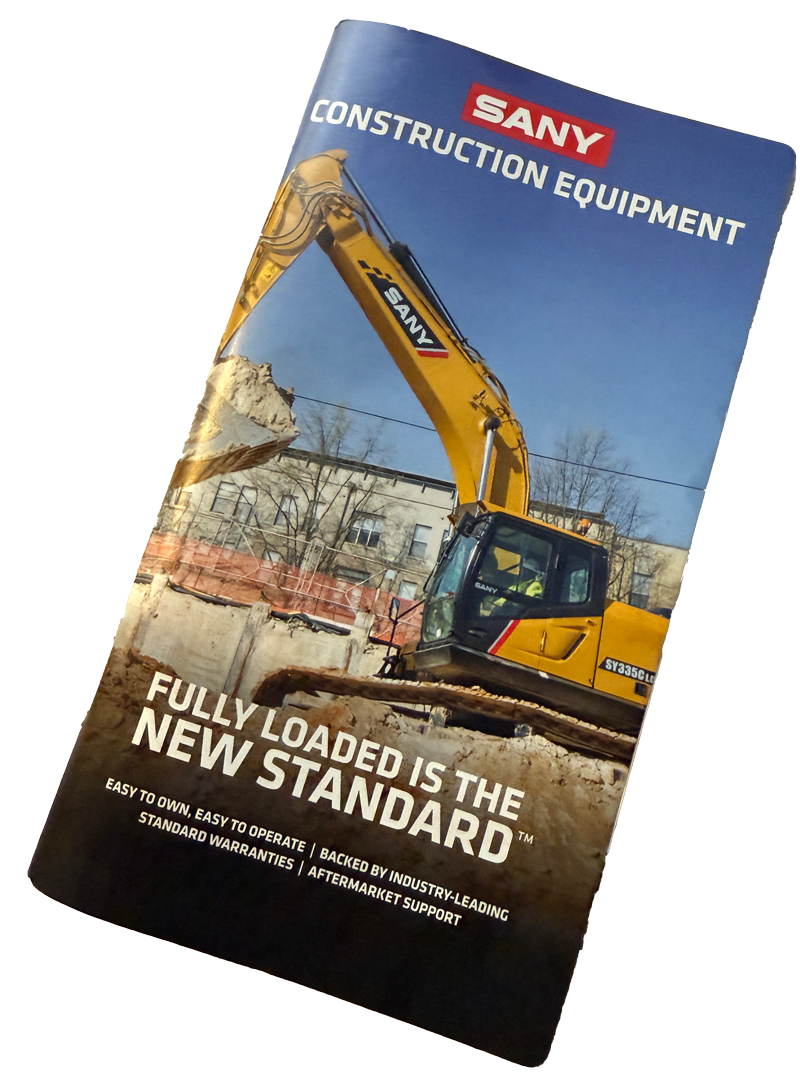 Brochure for SANY construction equipment; yellow excavator at a construction site;