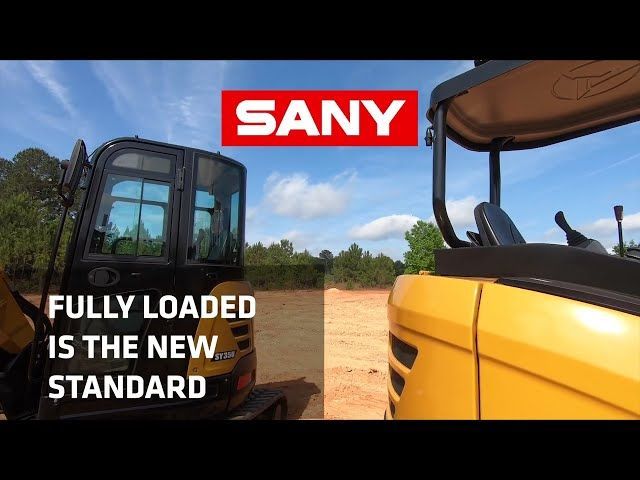 Two SANY excavators, one black, one yellow, with the SANY logo overlaid against a blue sky.