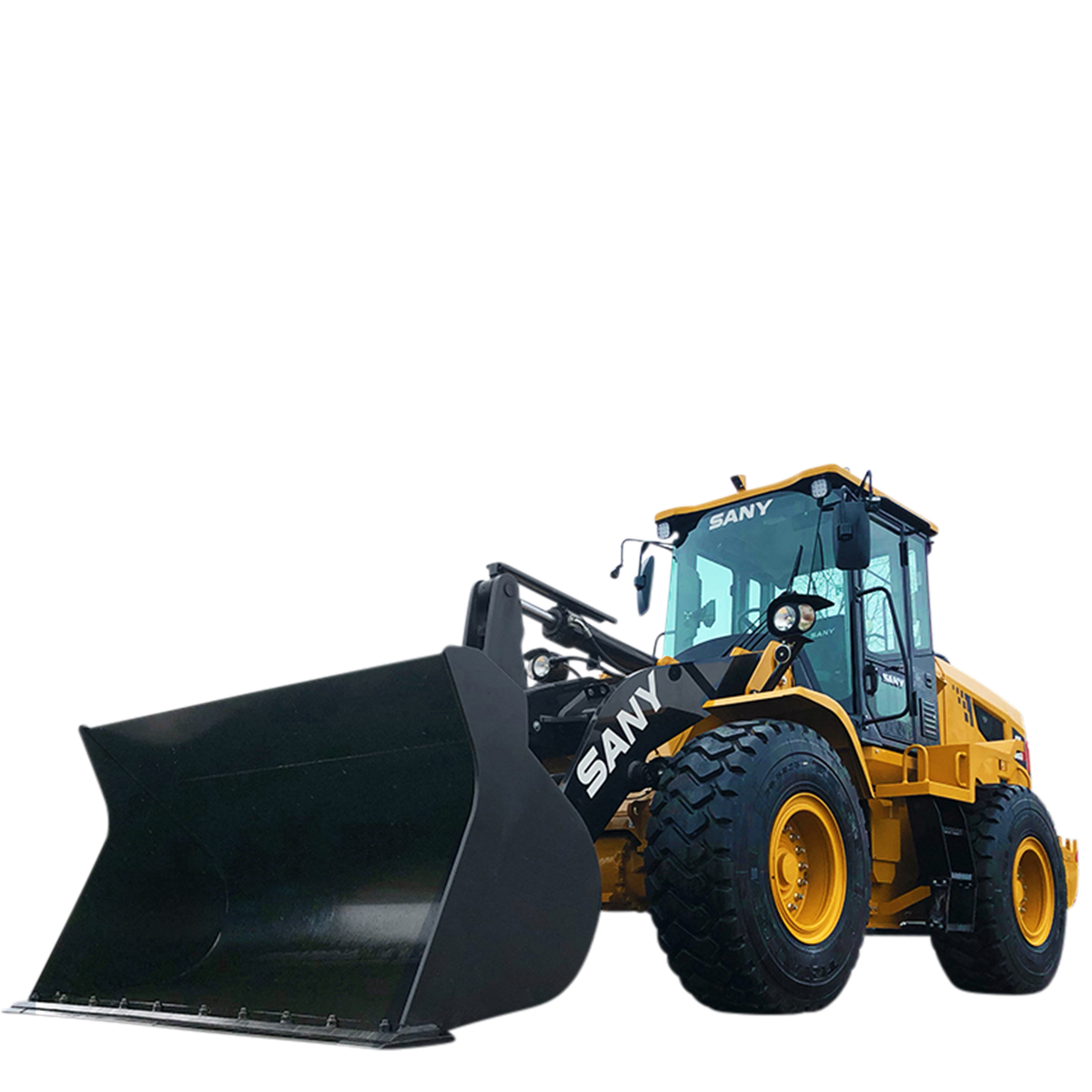 Yellow Sany wheel loader with black bucket.