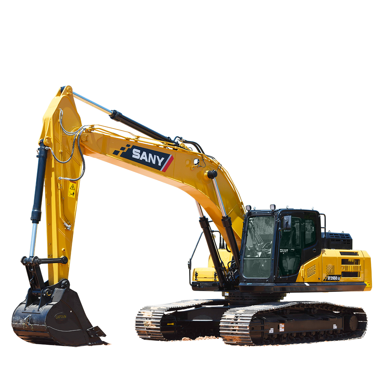 Yellow SANY excavator with black tracks and bucket; operating outdoors.