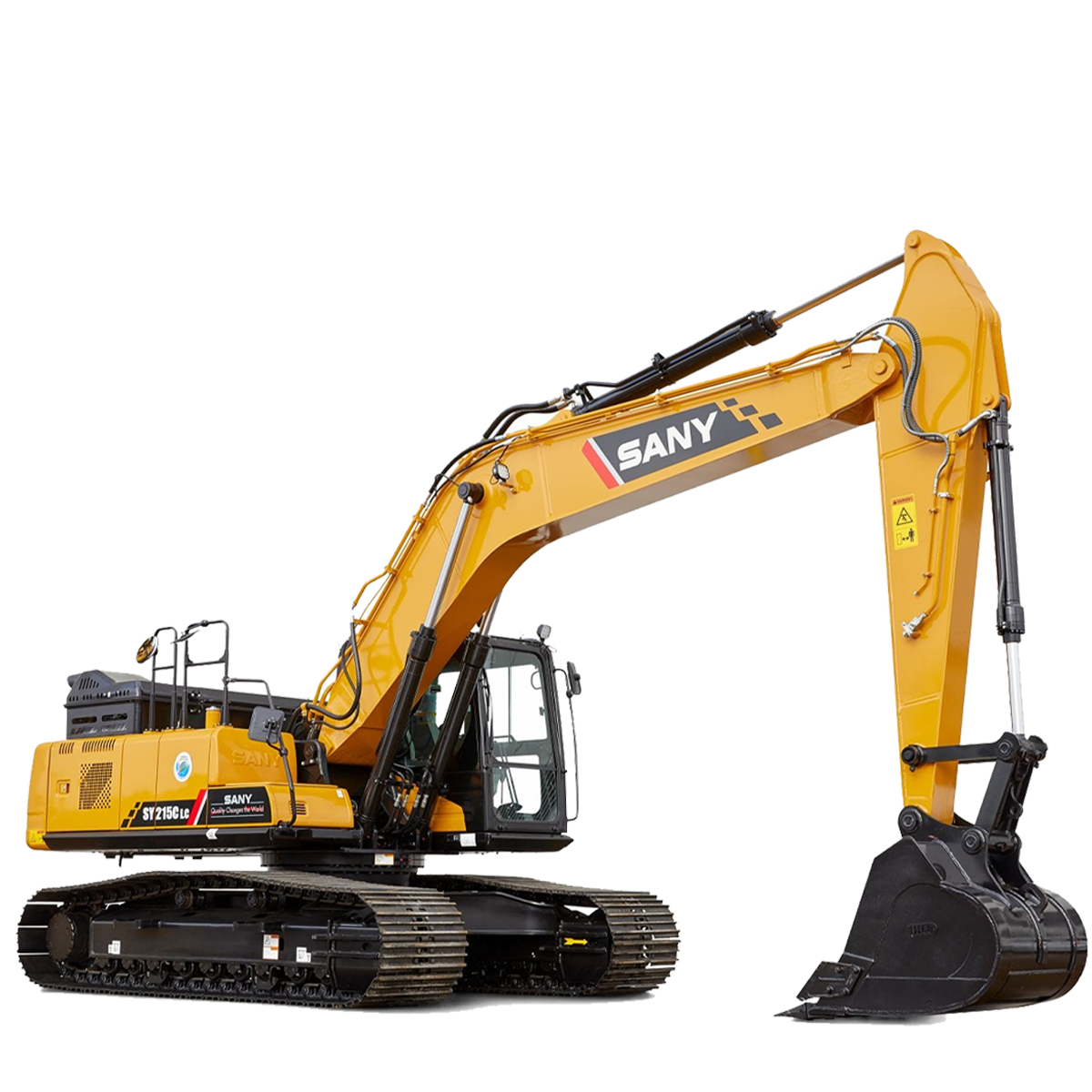 Yellow backhoe on a construction site, with its bucket lowered.