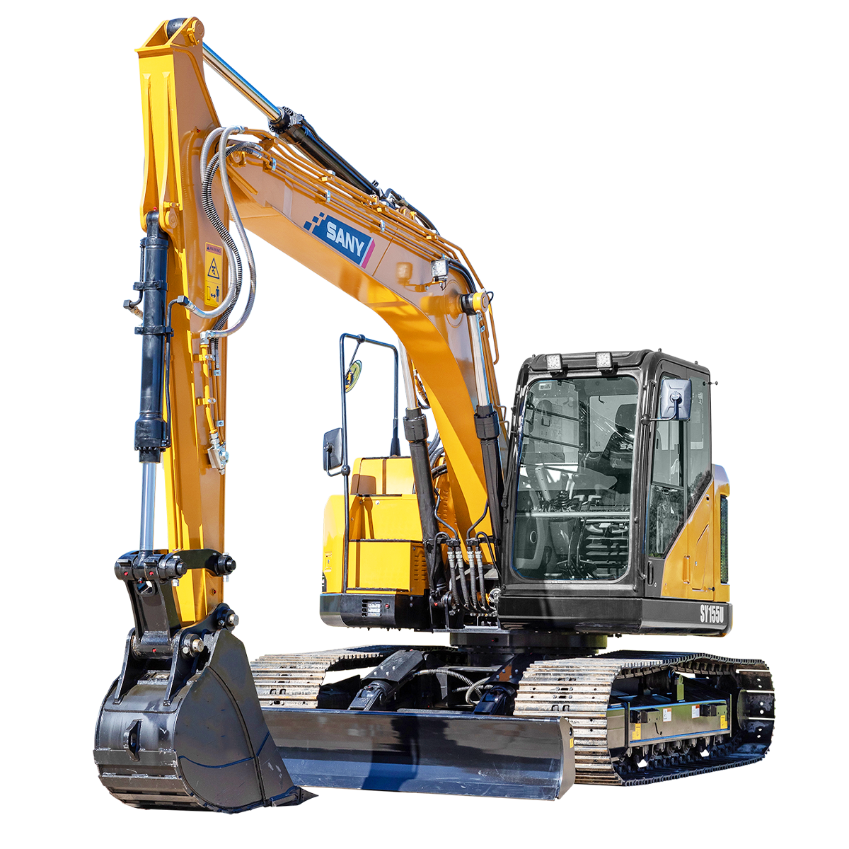 Yellow excavator on treads, working in an outdoor setting.