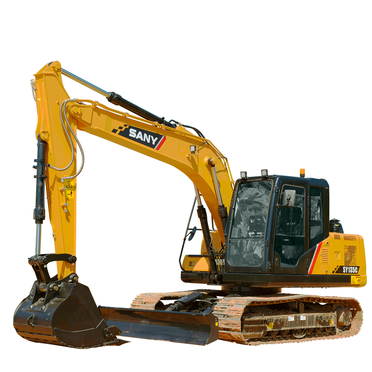 Yellow SANY excavator on tracks, arm extended, ready to dig.