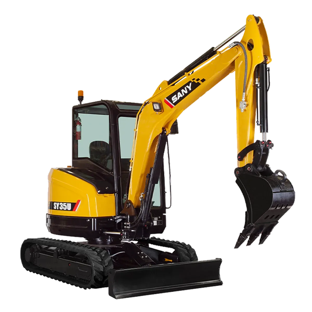 Yellow Sany ST15U mini excavator on black tracks.