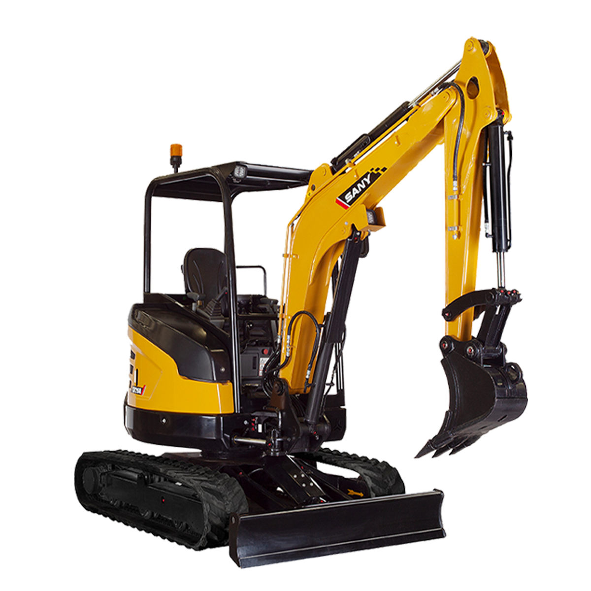 Yellow and black mini excavator with tracks, in an outdoor setting.