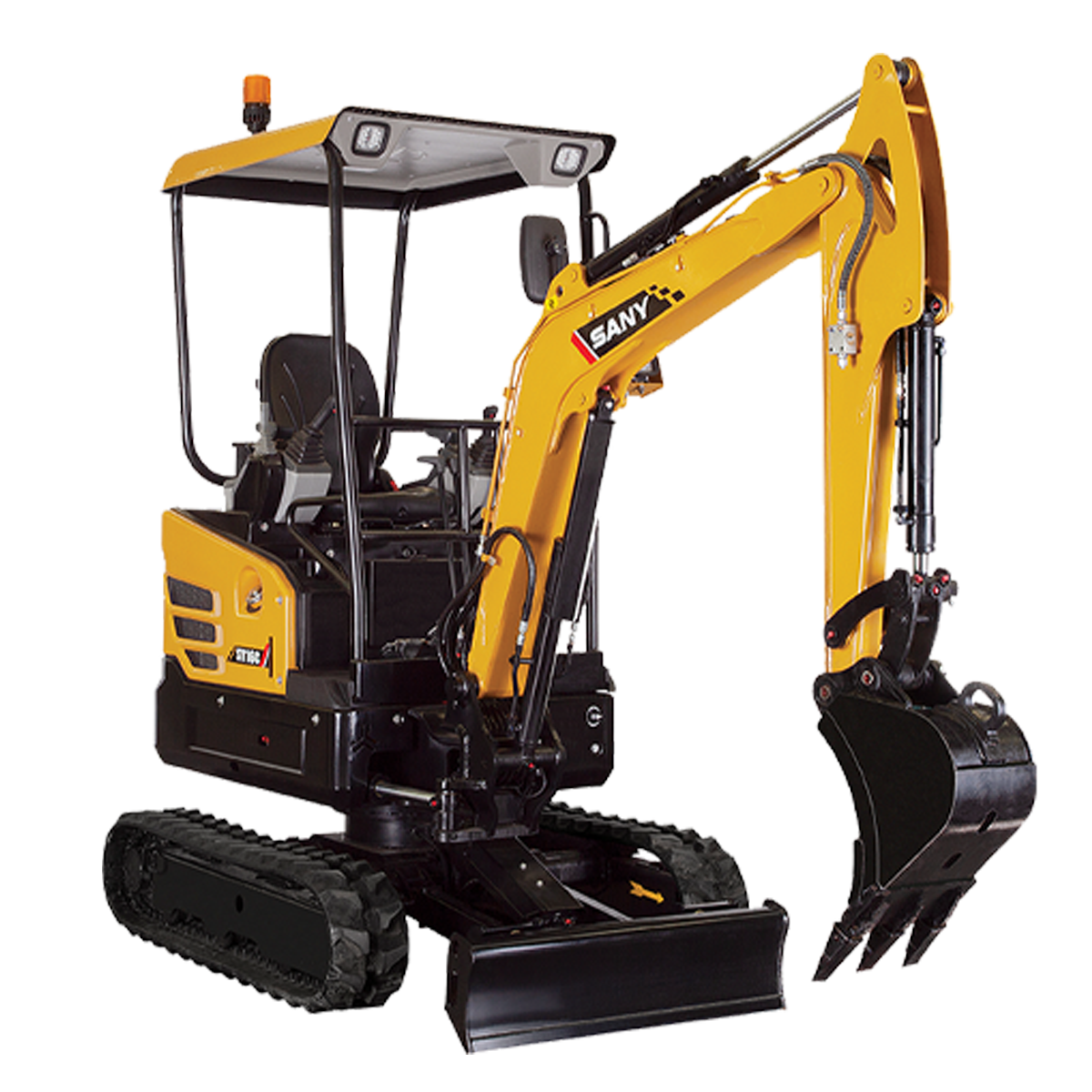 Yellow SANY mini excavator with black tracks and a small bucket, used for digging.