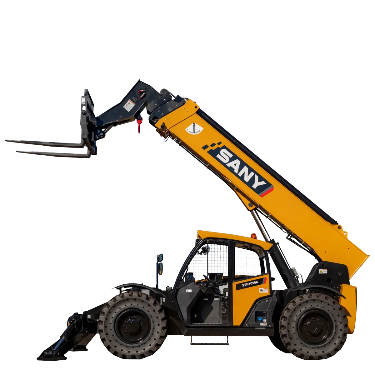 Yellow and black SANY telehandler extending forks, on a white background.