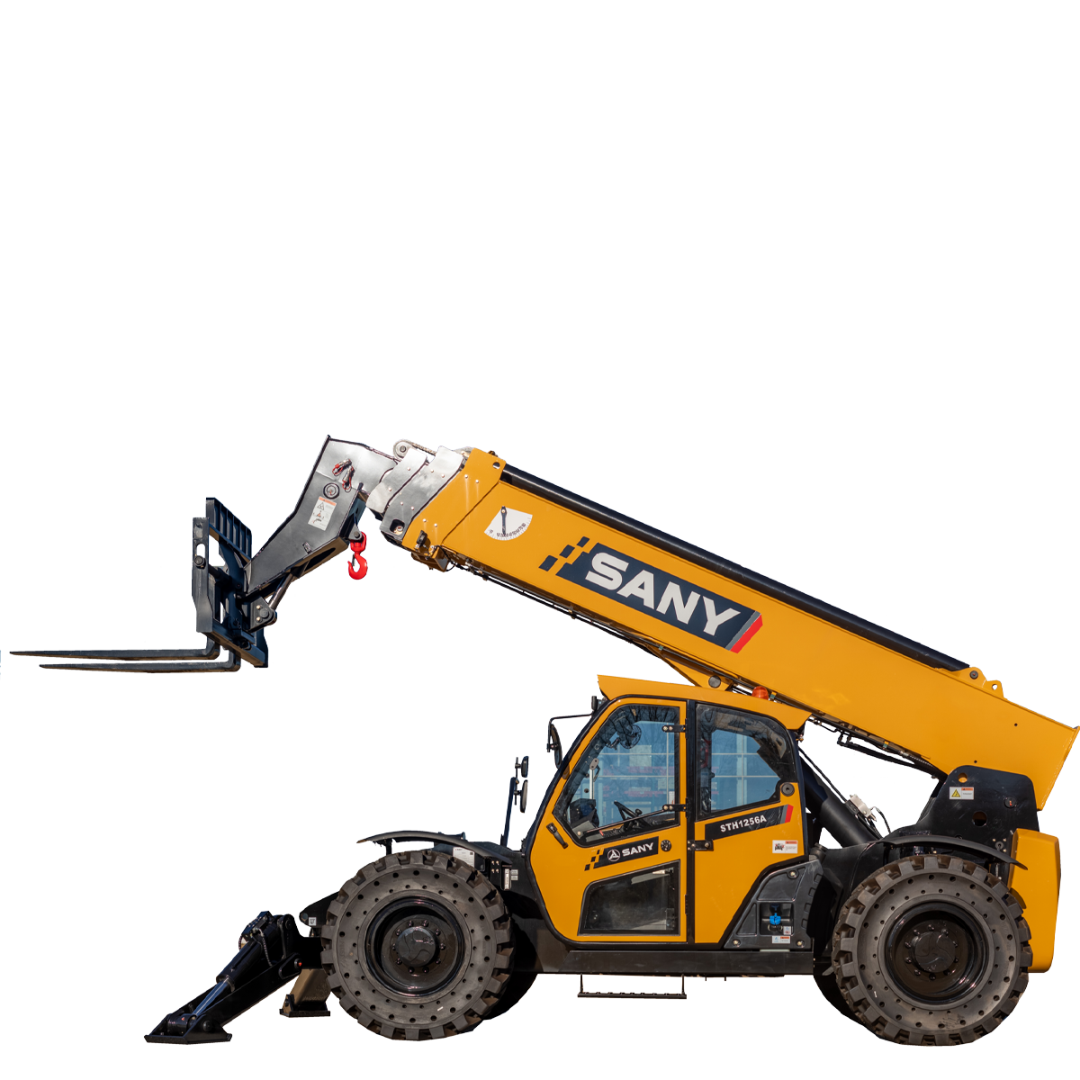 Yellow SANY telehandler with extended boom and forks.