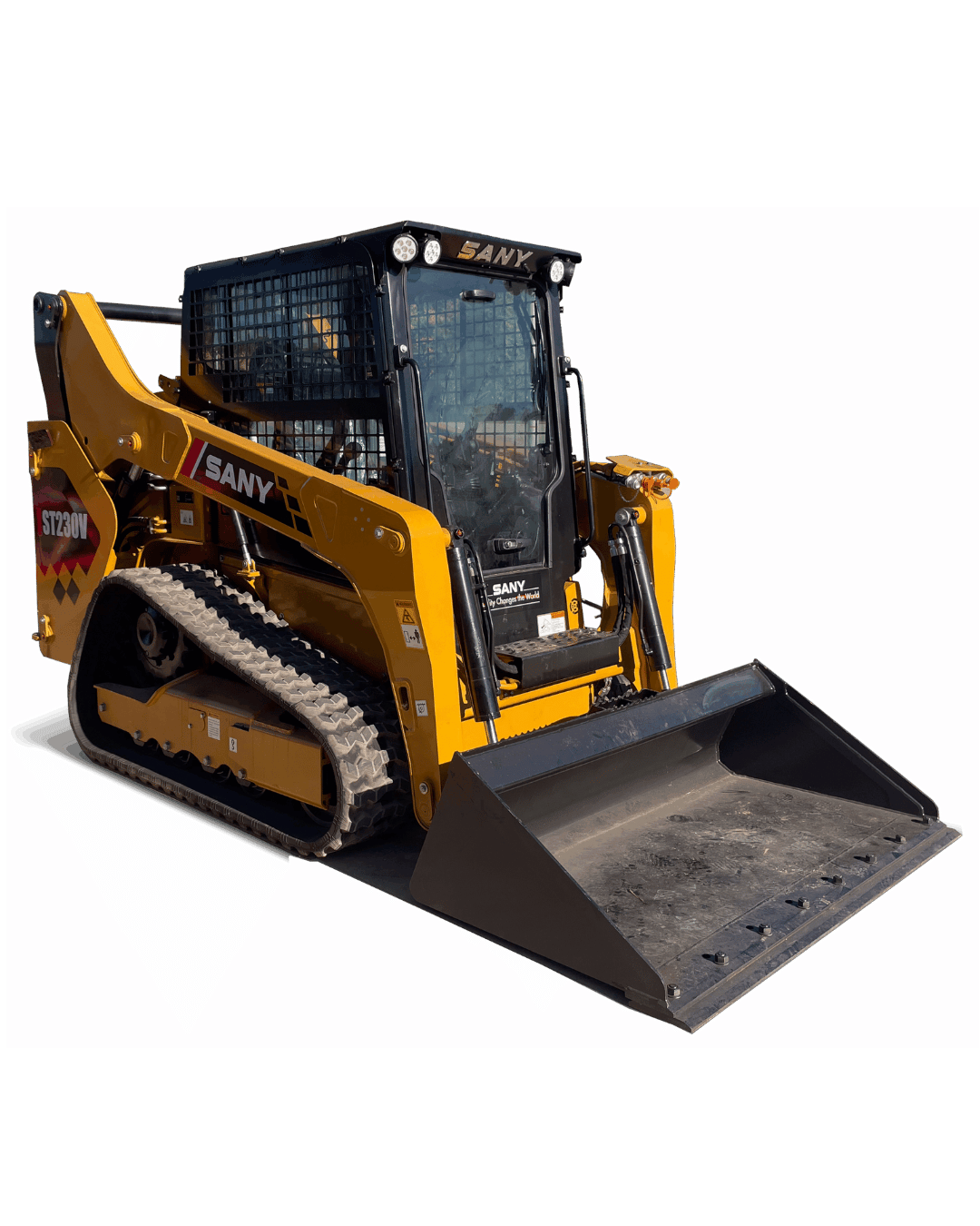 Yellow backhoe on a construction site, with its bucket lowered.
