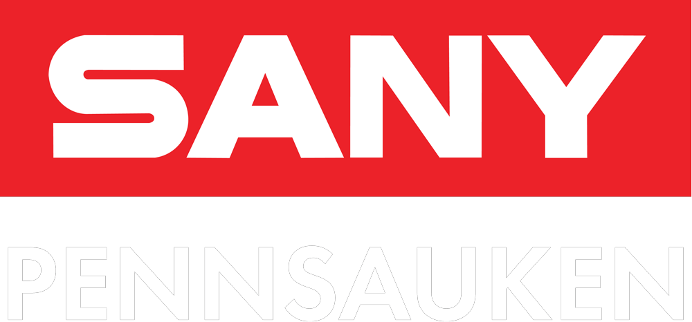 Logo for SANY in white text on a red rectangle, below it is