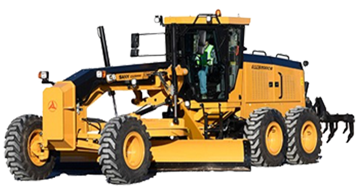 Yellow motor grader on a construction site, blade down, driver in cab.