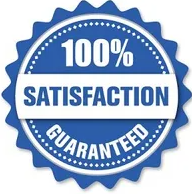 A blue and white sticker that says `` 100 % satisfaction guaranteed ''.