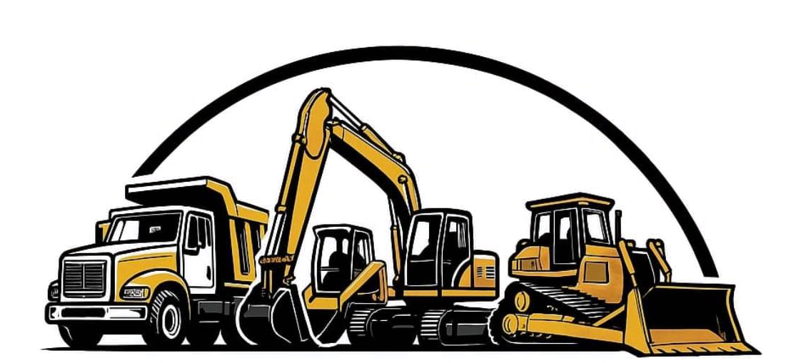 A group of construction vehicles are lined up in a row.
