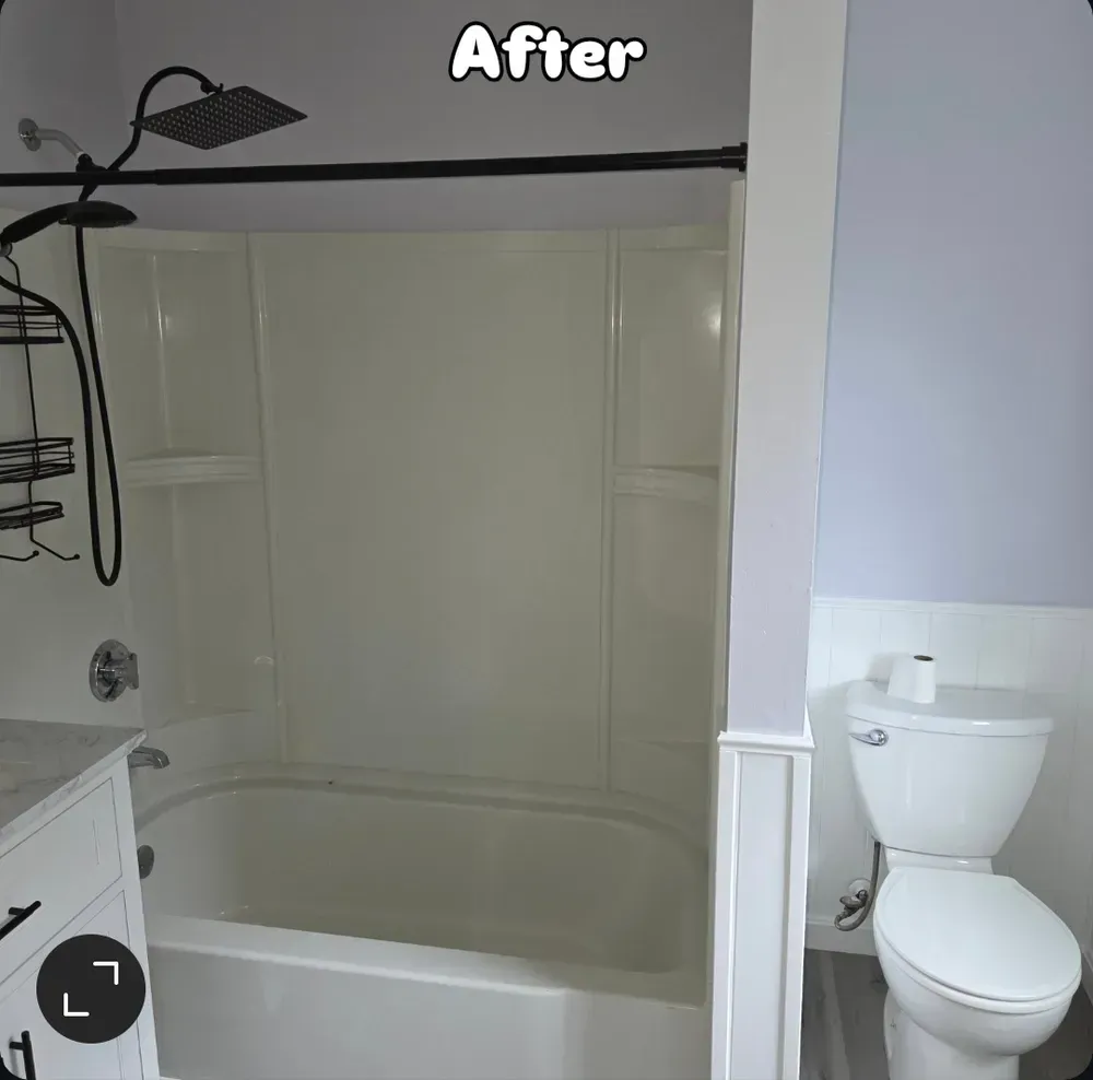 Bathroom tub-shower with white surround and black shower curtain rod, labeled “After”