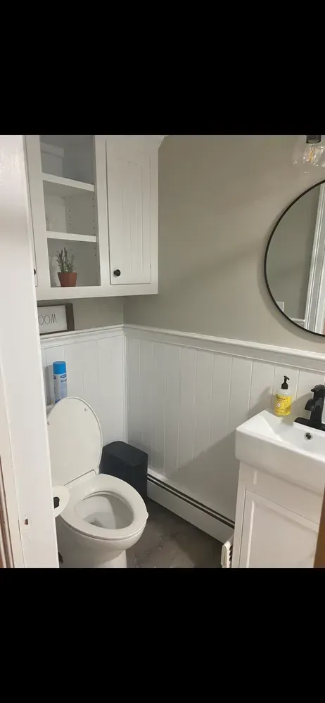 Small white bathroom with toilet, sink, mirror, and wall cabinet.