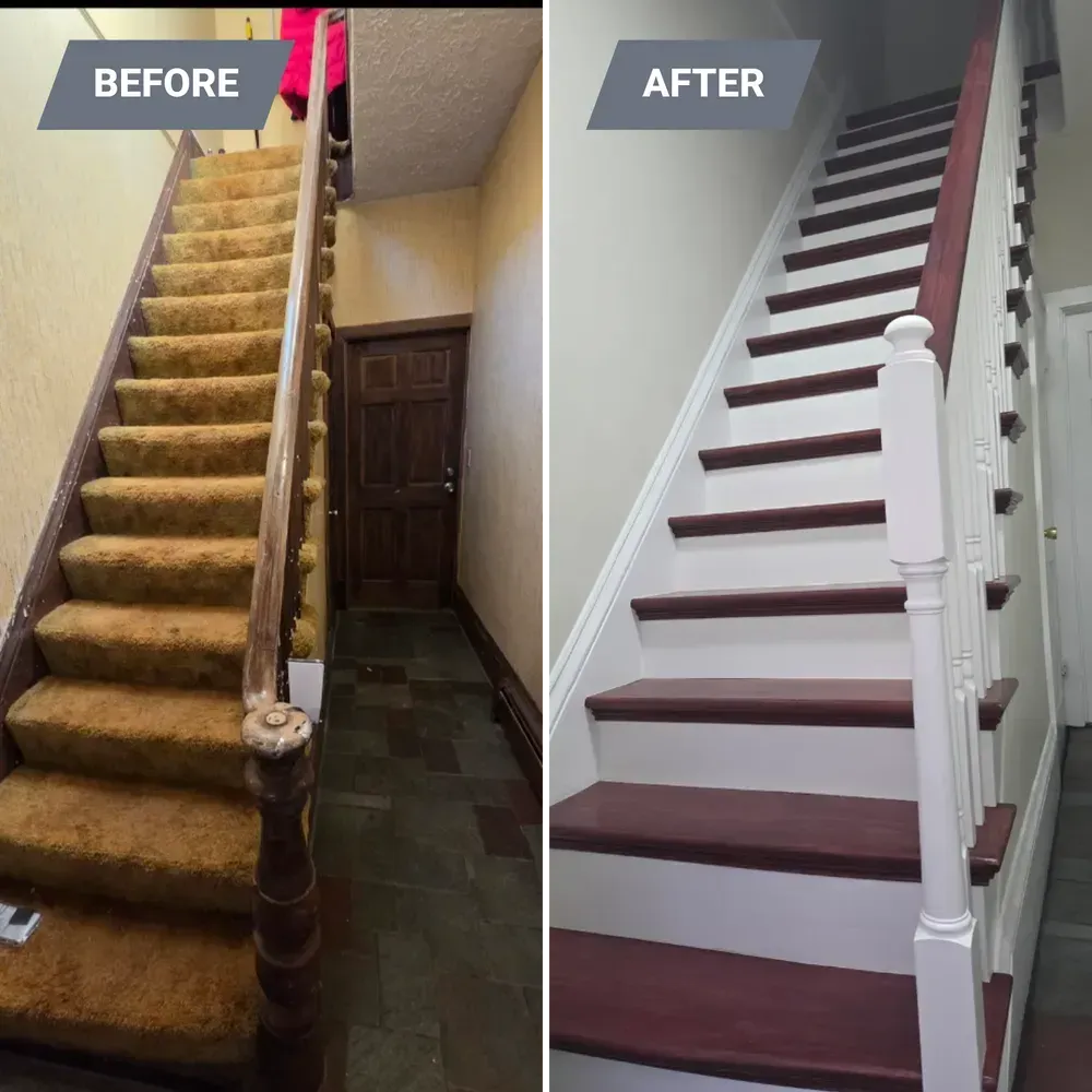 Before-and-after of a staircase renovation, showing worn yellow carpet replaced with white stairs and maroon treads.
