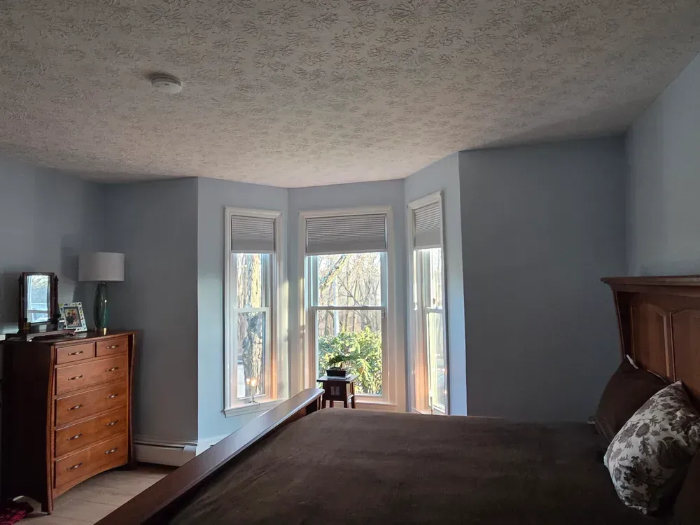 Bedroom with bay windows, dark bedspread, wooden dresser, and a small plant by the window.