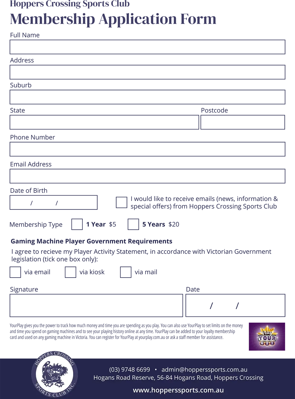 Download Hoppers Crossing Sports Club Membership Form