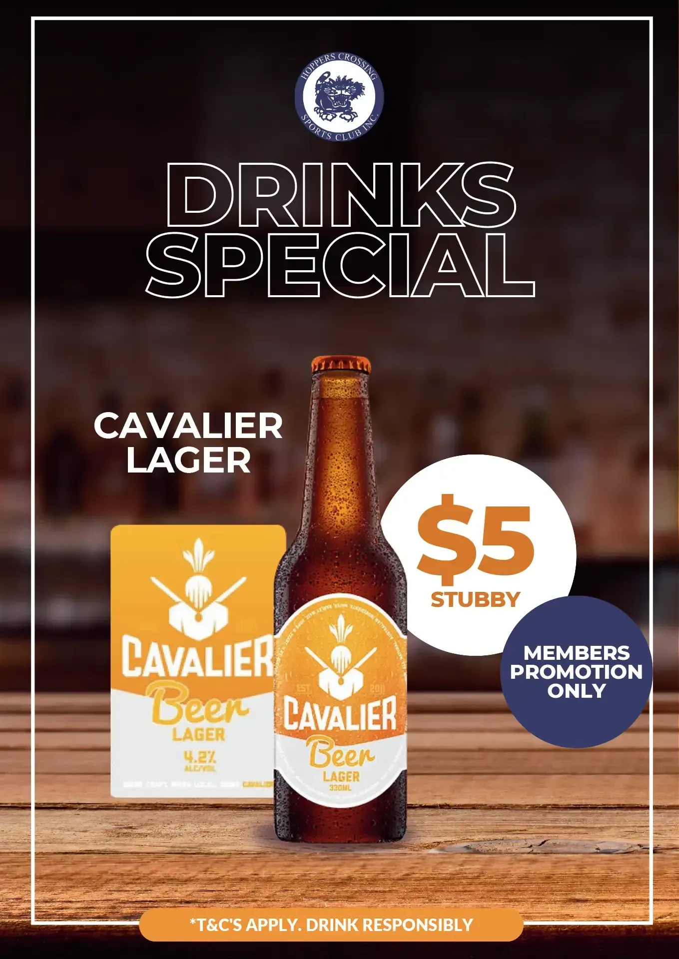 Cavalier lager drinks special - hoppers crossing sports club