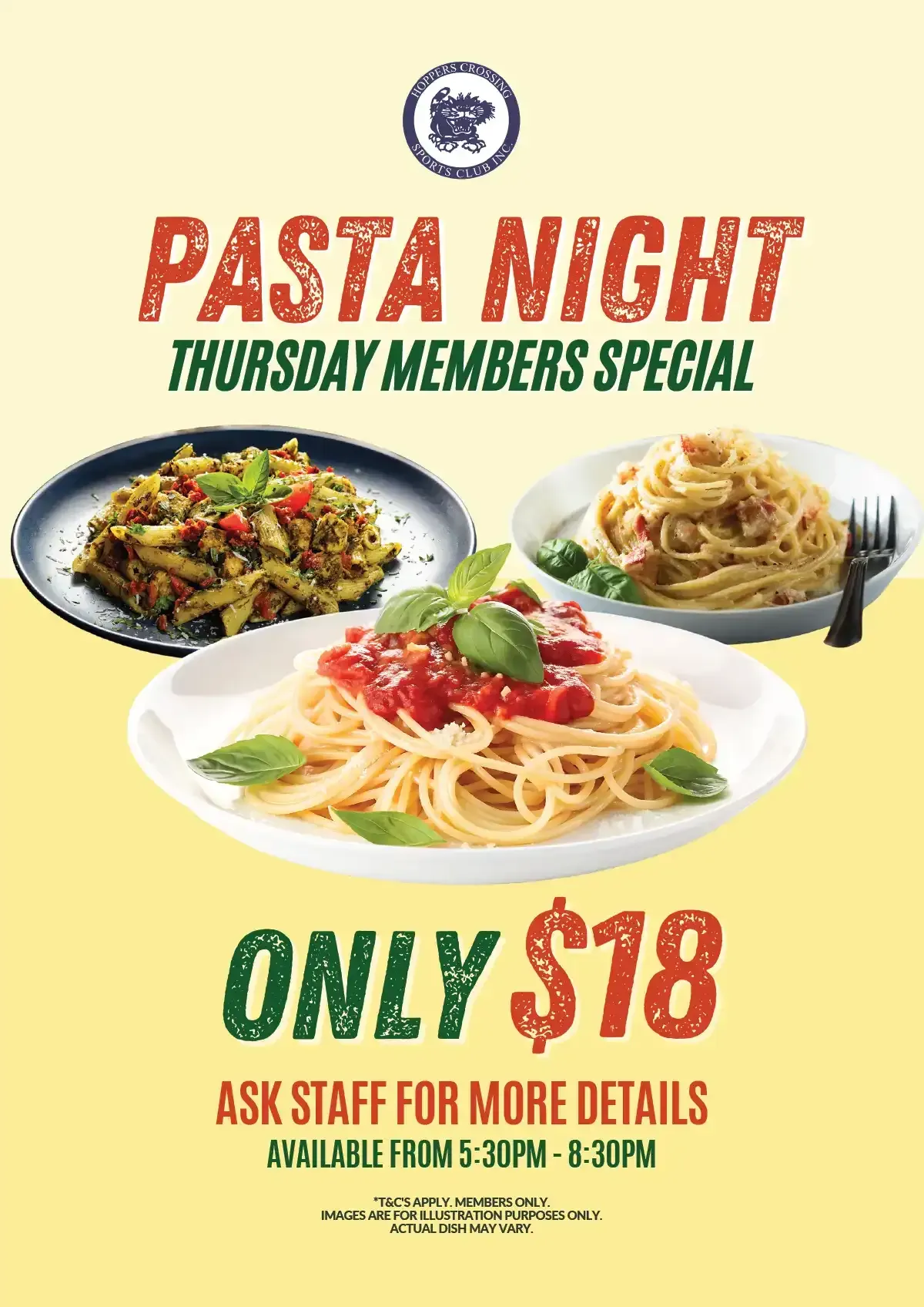 Pasta night at Hoppers Crossing Sports Club. Only $18.