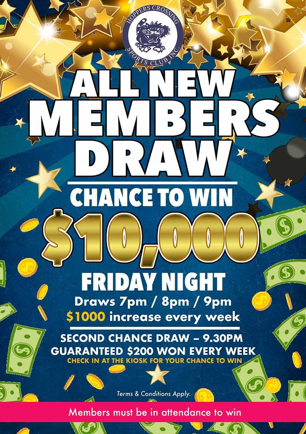All New Member's Draw at Hoppers Crossing Sports Club, every Friday night.