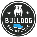 Logo of Bulldog Pool Builders: white bulldog above text and pool outline on black circle.