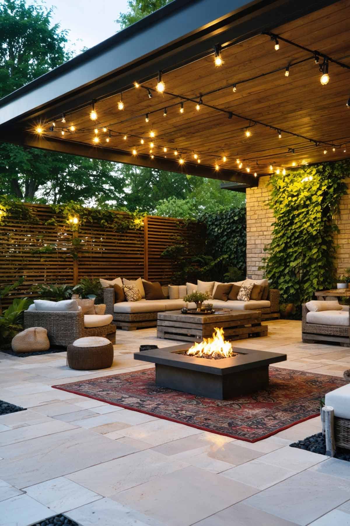 An inspiring patio design with open seating and a fire pit