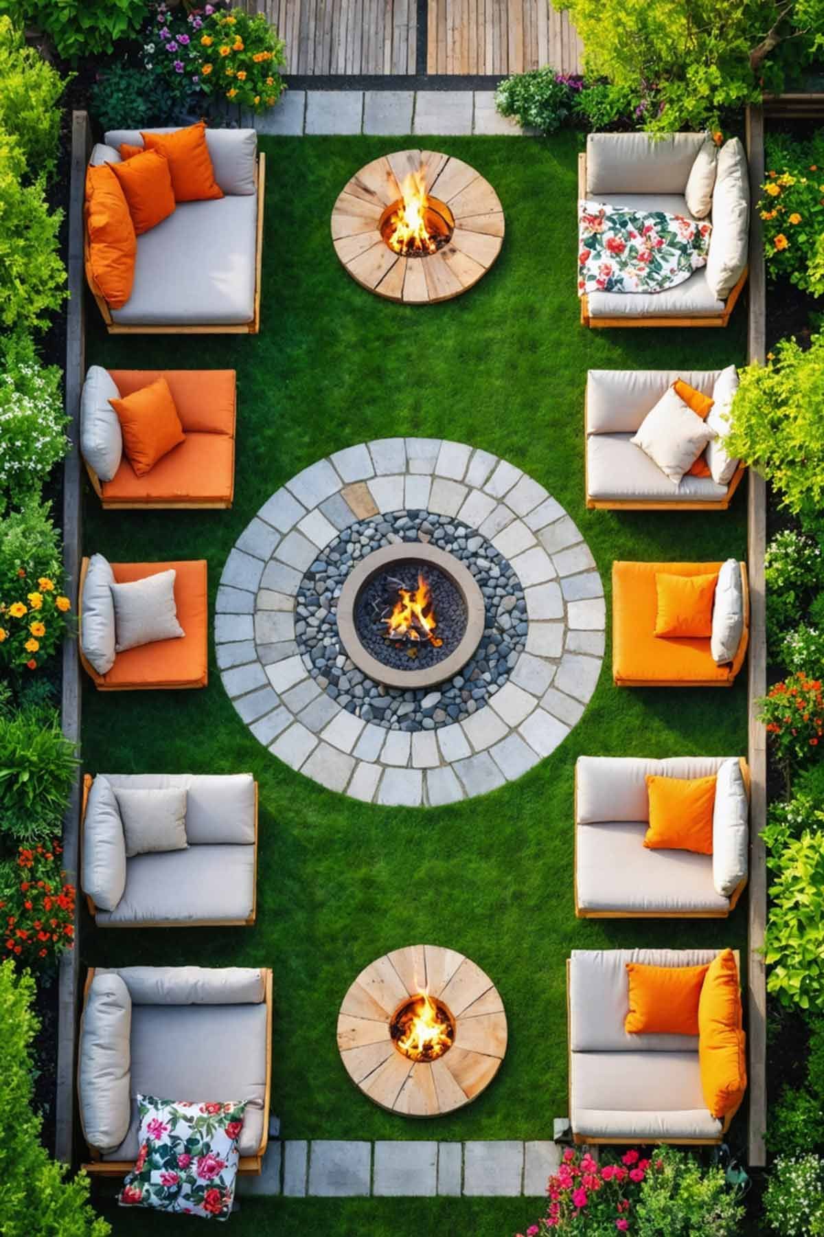 A cosy seating area on an open air patio with bright coloured cushions and a central fire pit.