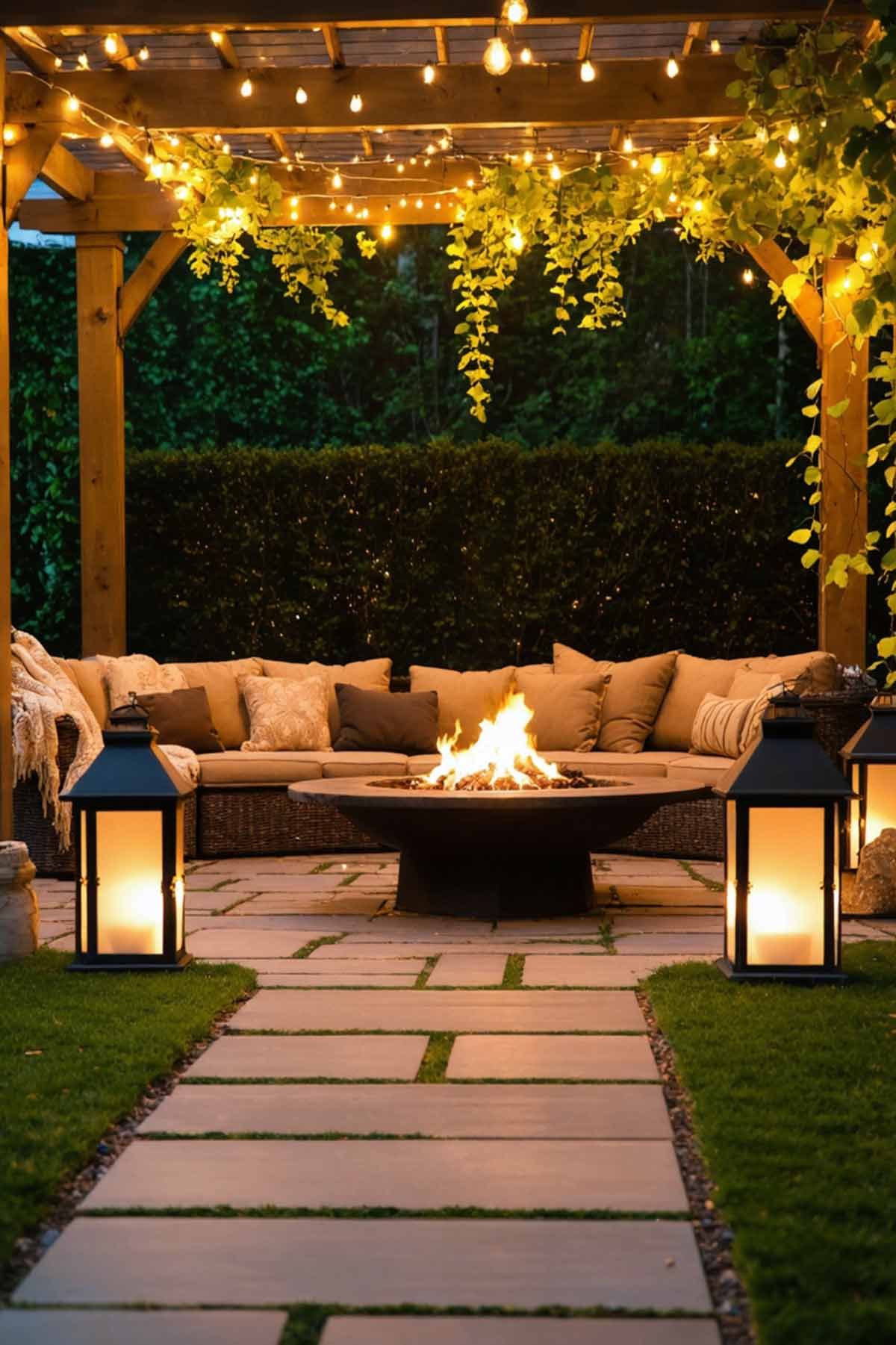 A cozy seating area with pretty string lights and soft lanterns.