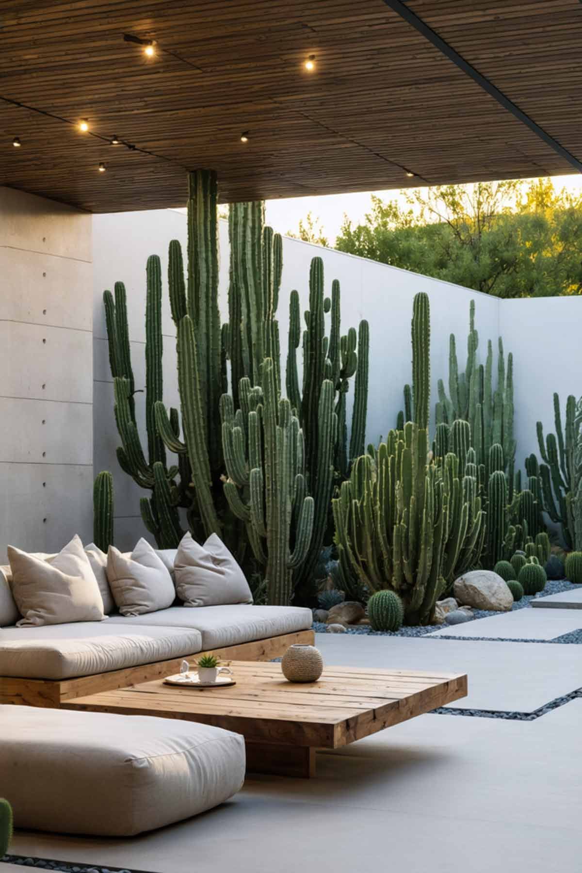 A modern sleek style patio with minimalist furnishings and an airy feel