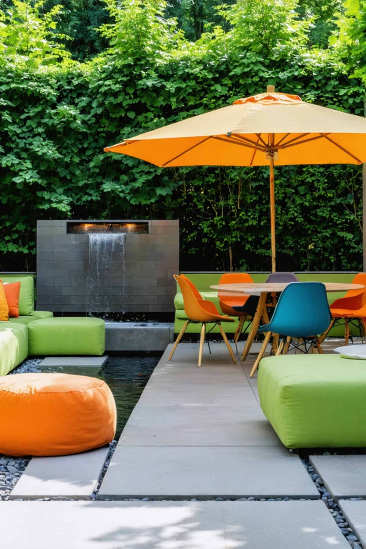 An open air seating area with a bright orange umbrella and a water feature.