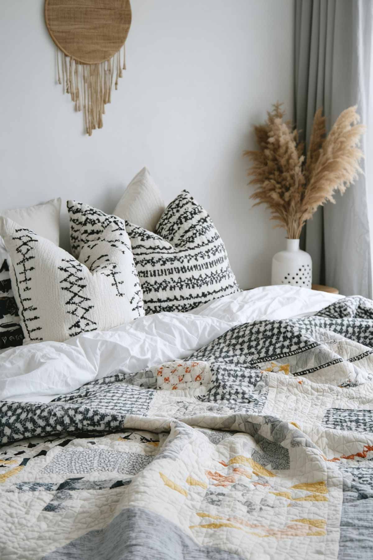 A cool crisp bedroom with bedding in grey and gold. 