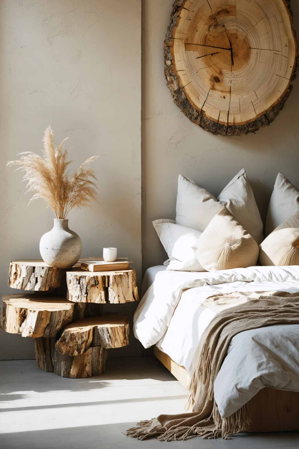A rustic styled bedroom with side table made from timber cuttings