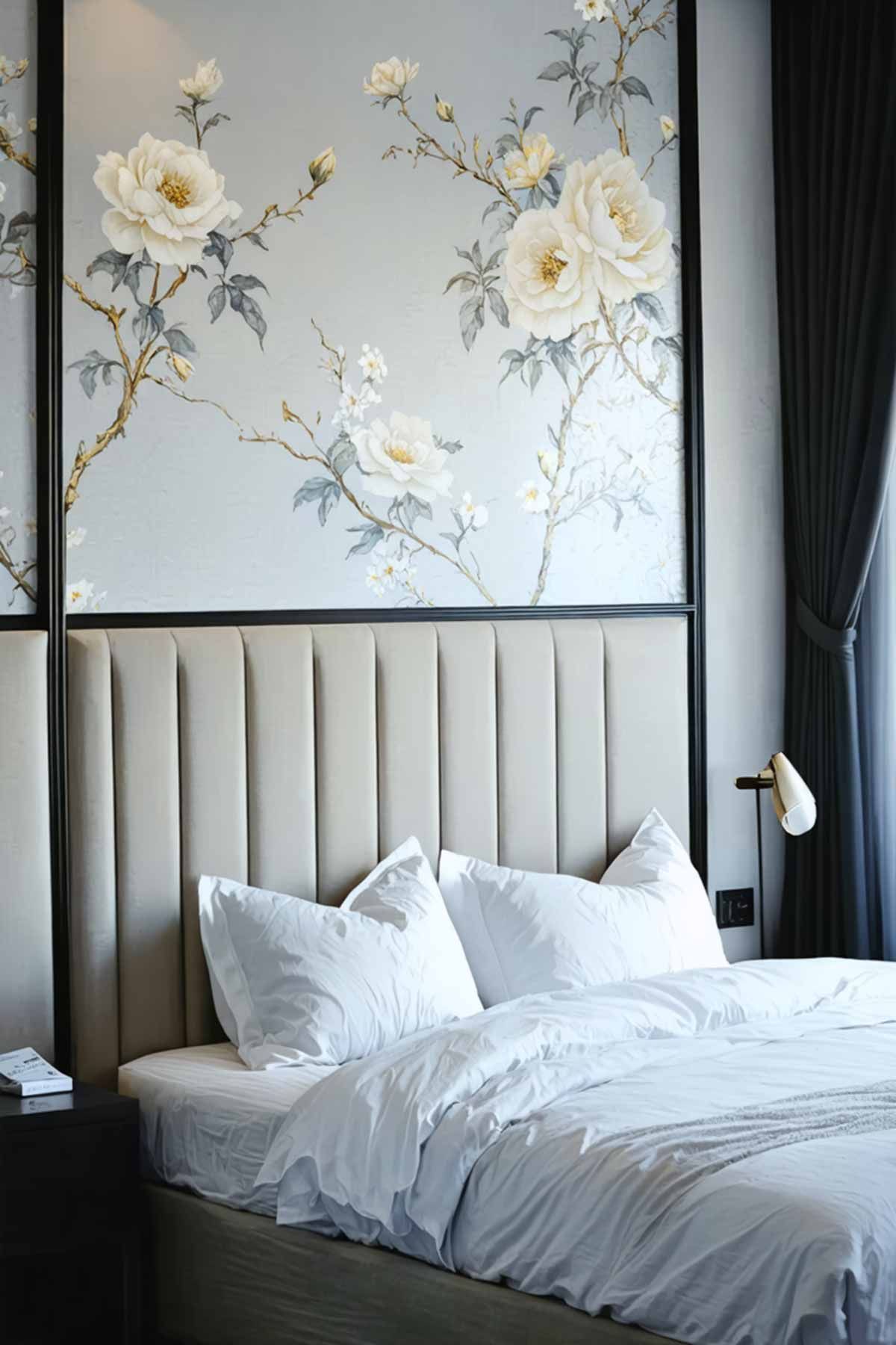 An open airy bedroom with a padded bed head and Japanese style peony wallpaper