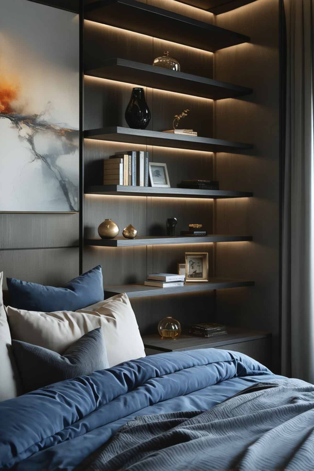 A masculine bedroom with open shelving with under shelf lighting.