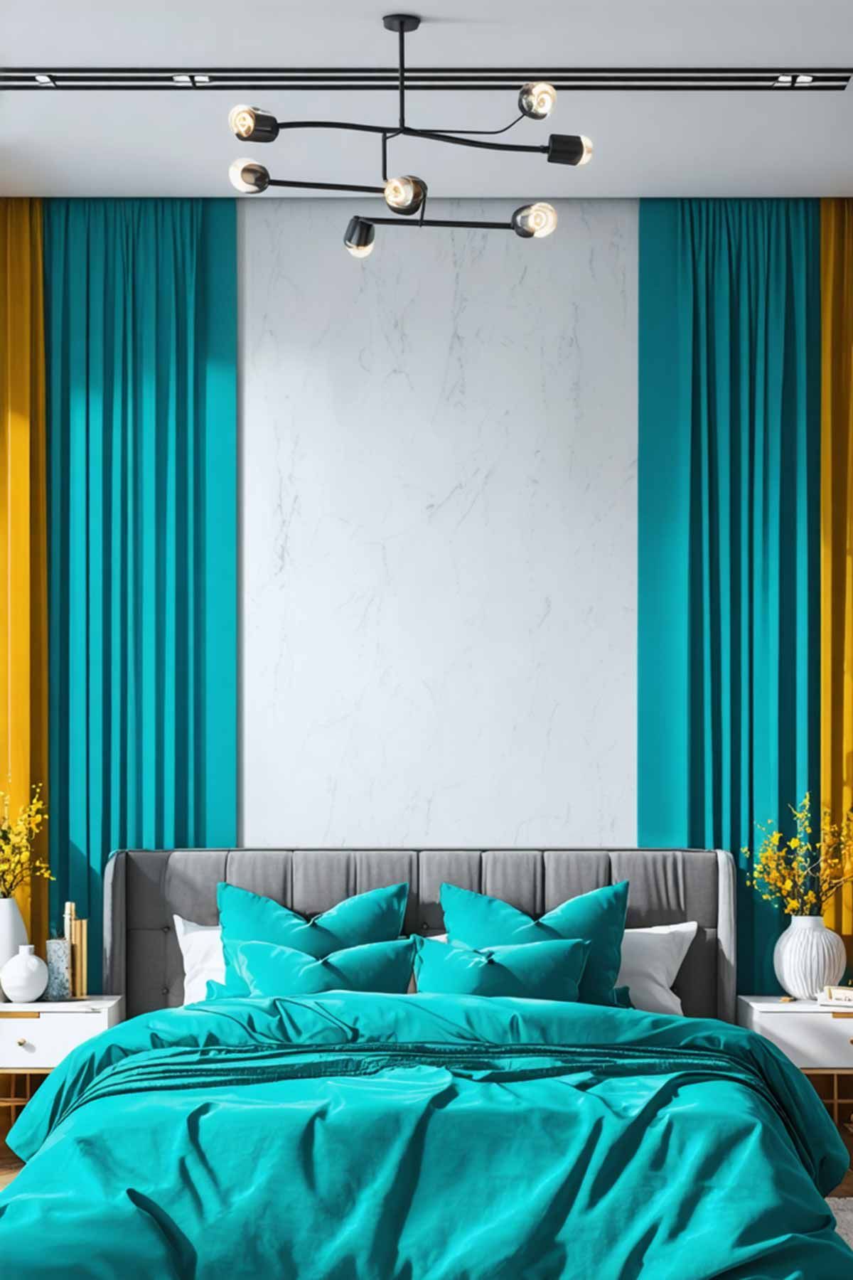 A modern bedroom with turquoise drapery and bedding with a modern lighting fixture